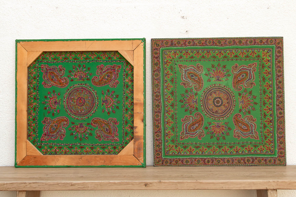 Set of 2 Vintage Mounted Verdant Paisley Textiles (Trade)