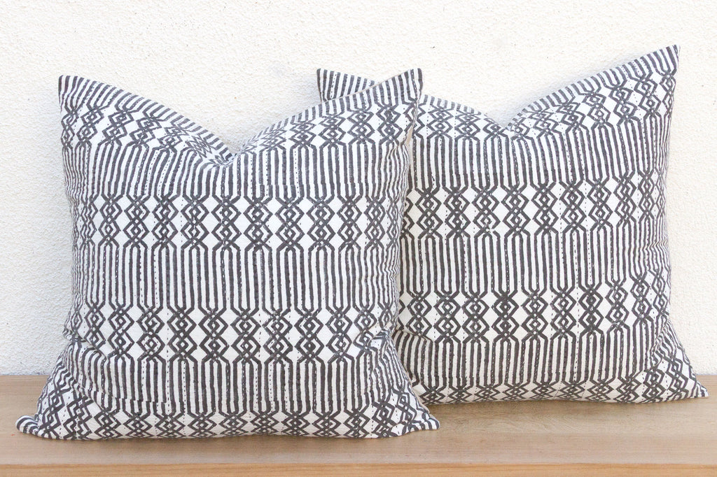 Pair of Large Black & White Blockprint Kantha Pillow