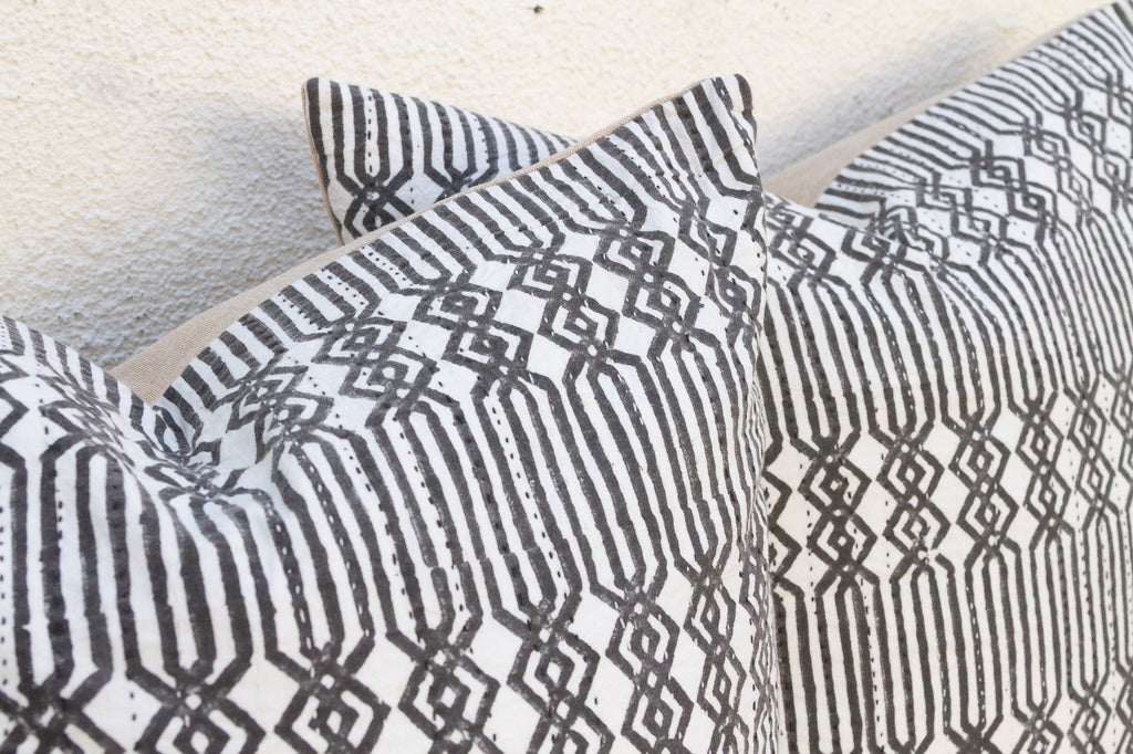 Pair of Large Black & White Blockprint Kantha Pillow