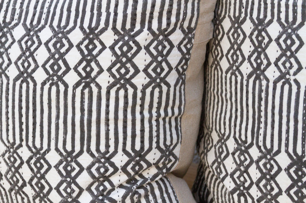 Pair of Large Black & White Blockprint Kantha Pillow