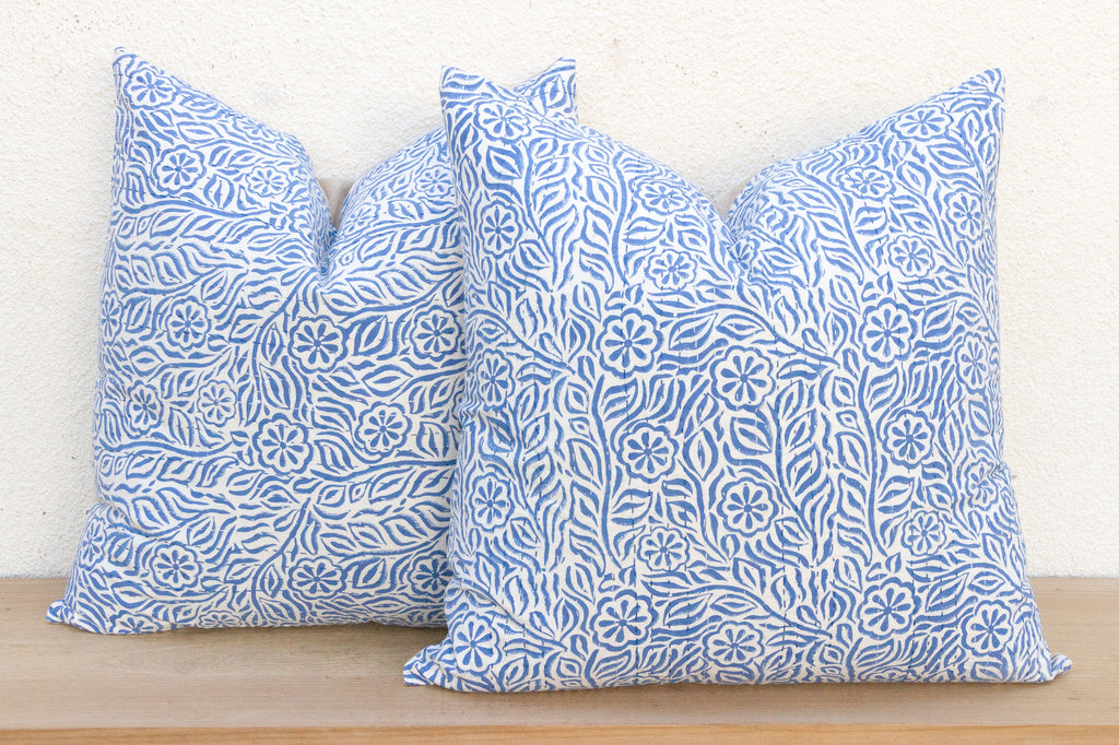 Jodhpur Garden, Blue & White Floral Block Print Pillows, Pair