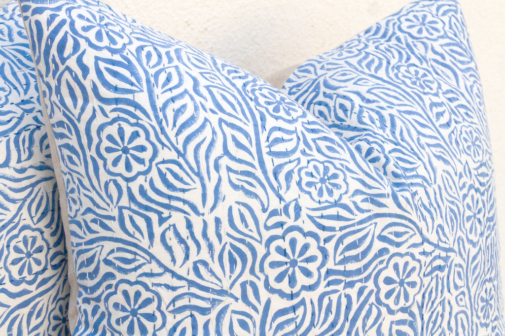 Jodhpur Garden, Blue & White Floral Block Print Pillows, Pair