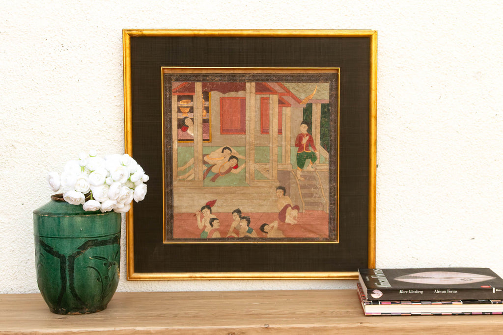 Vintage Thai Pavilion Gathering Narrative Painting