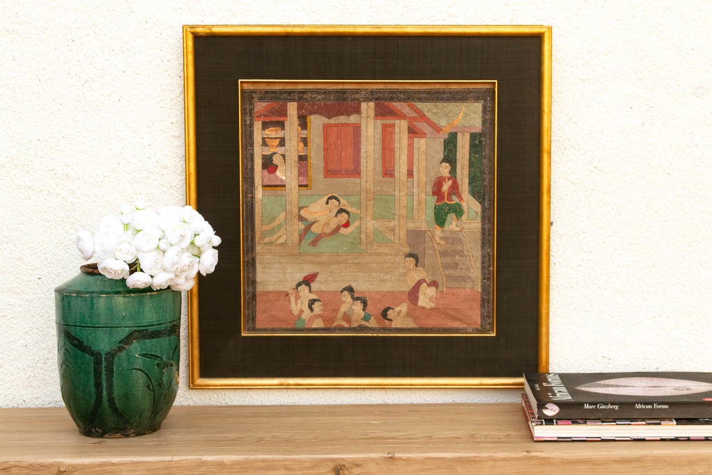 Vintage Thai Pavilion Gathering Narrative Painting