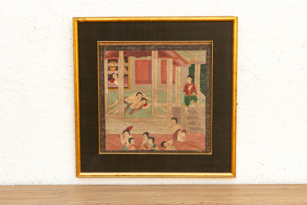 Vintage Thai Pavilion Gathering Narrative Painting