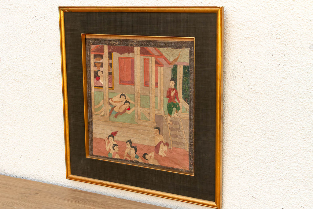 Vintage Thai Pavilion Gathering Narrative Painting