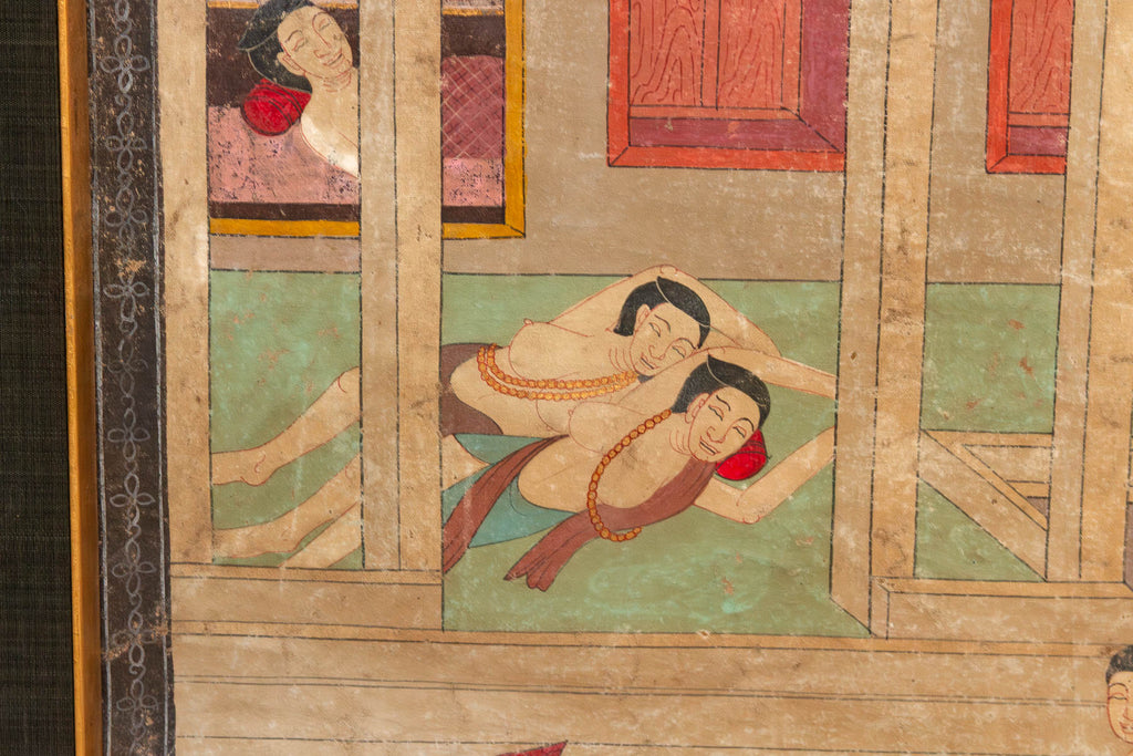 Vintage Thai Pavilion Gathering Narrative Painting