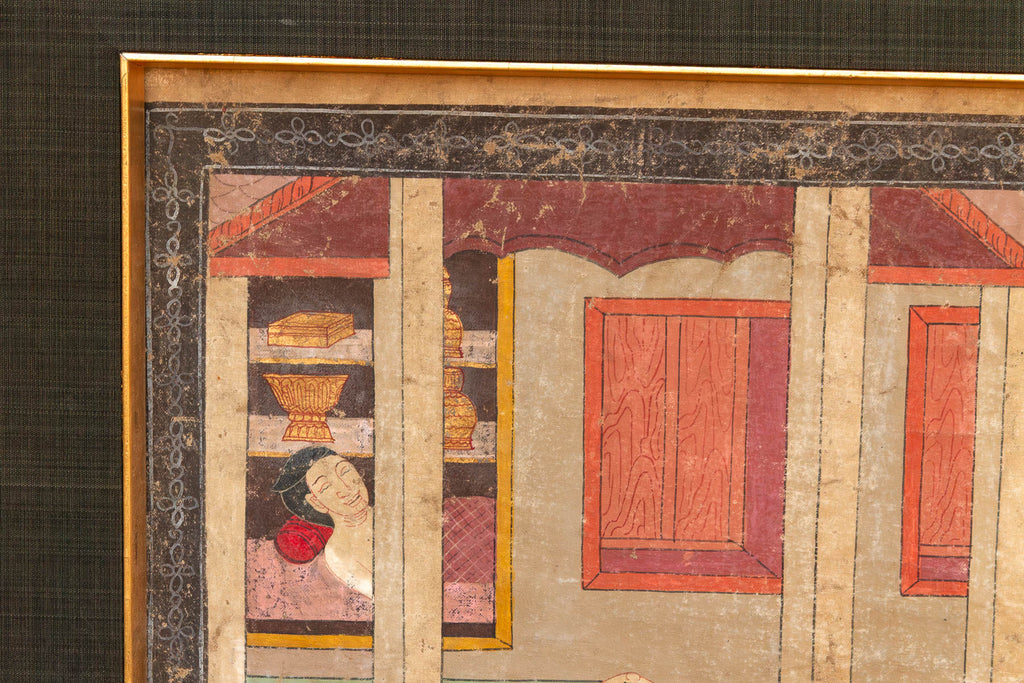 Vintage Thai Pavilion Gathering Narrative Painting