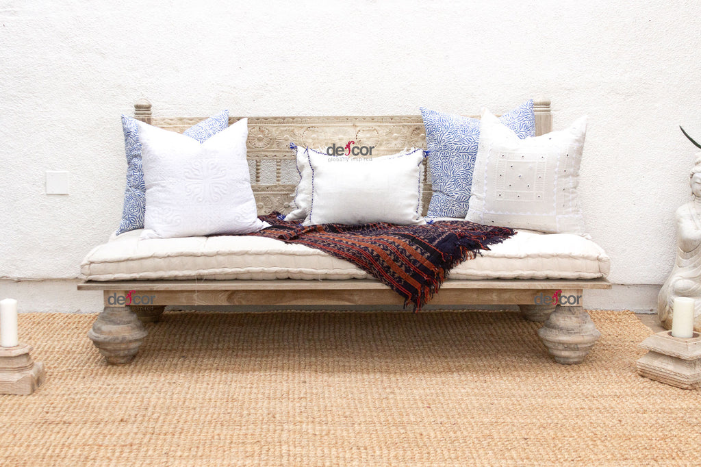 Floral Reclaimed Bleached Teak Hand-Carved Sofa