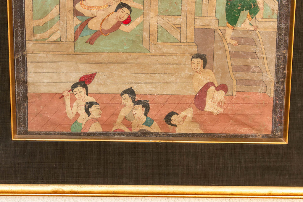 Vintage Thai Pavilion Gathering Narrative Painting