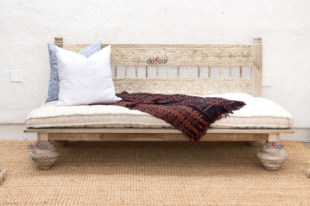 Floral Reclaimed Bleached Teak Hand-Carved Sofa