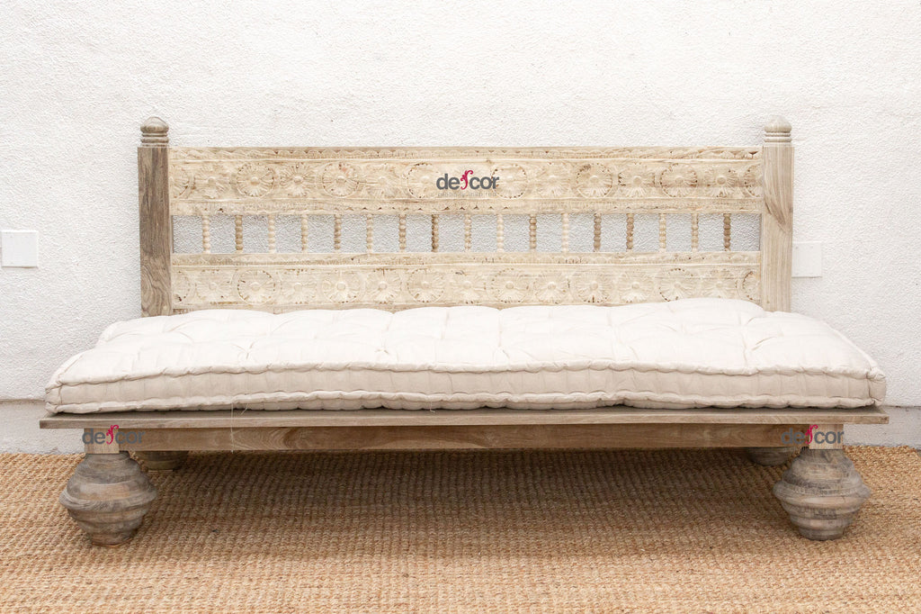 Floral Reclaimed Bleached Teak Hand-Carved Sofa