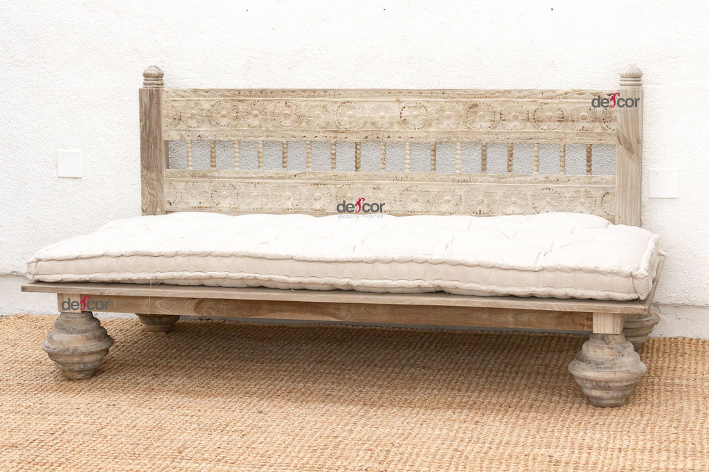 Floral Reclaimed Bleached Teak Hand-Carved Sofa