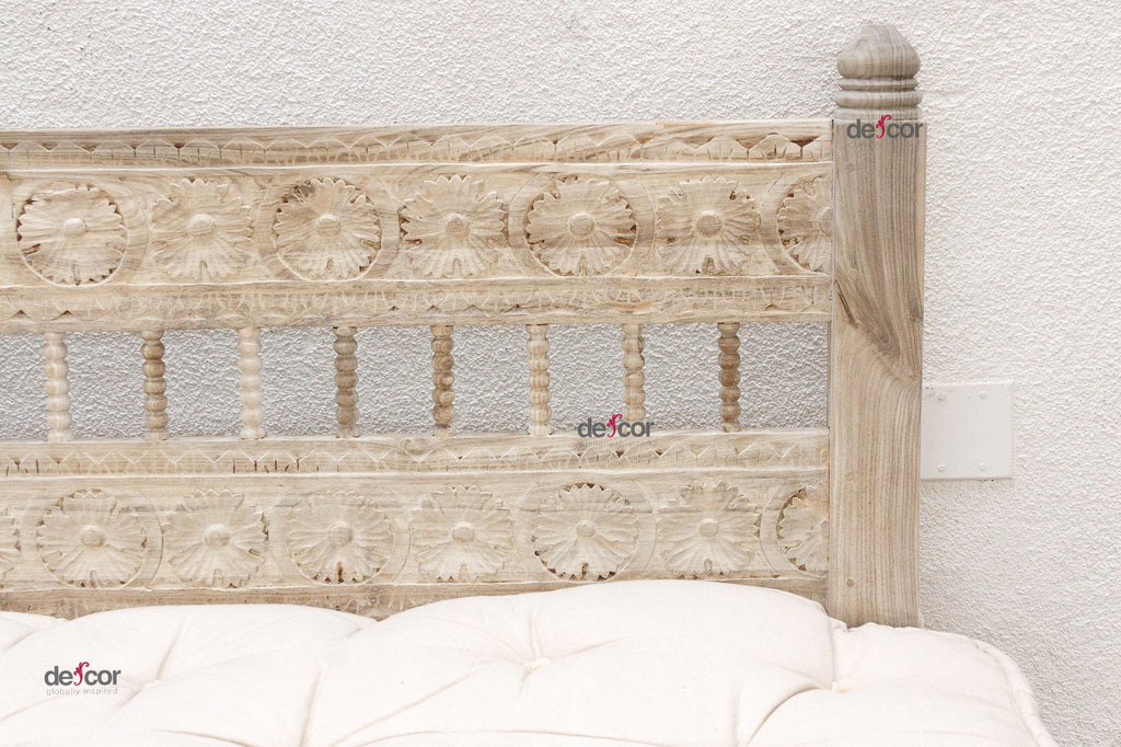 Floral Reclaimed Bleached Teak Hand-Carved Sofa