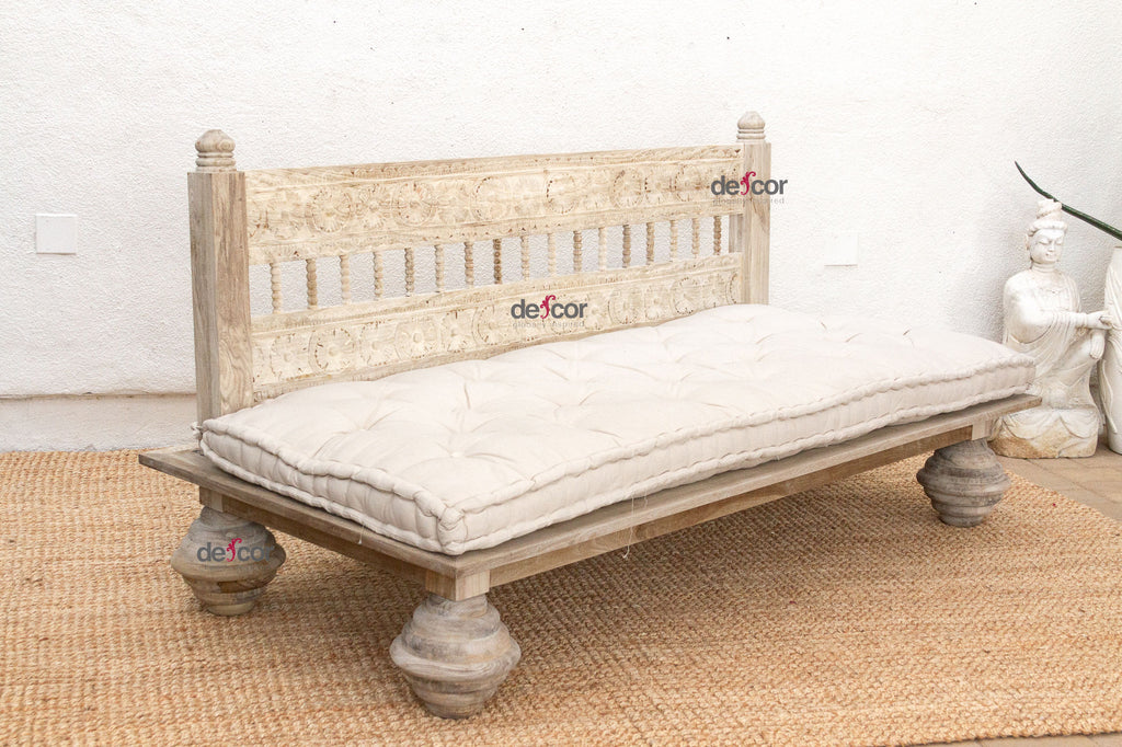 Floral Reclaimed Bleached Teak Hand-Carved Sofa