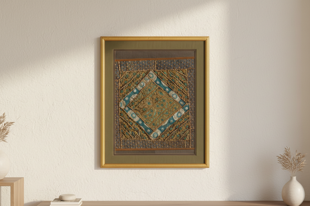 Framed Antique Metallic Embroidered Zardozi Tapestry