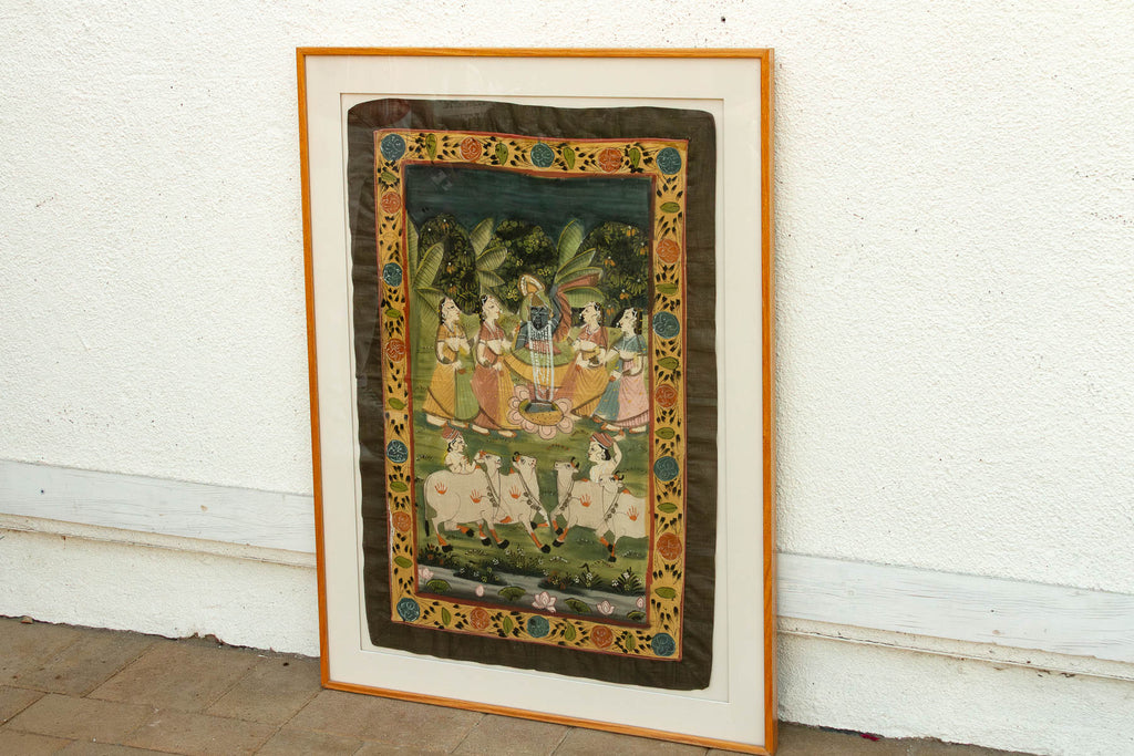 Sacred Pasture, Framed Vintage Pichwai Painting (Trade)