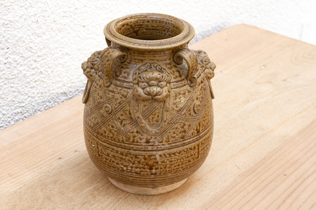 Antique Lionhead Provincial Brown Glaze Jar