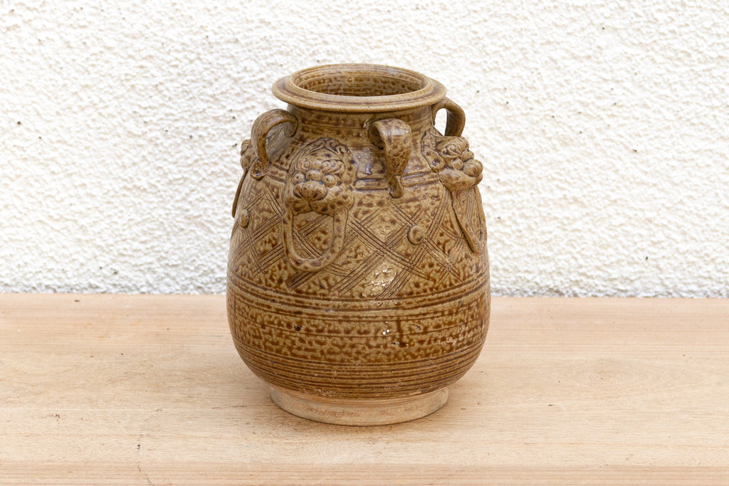 Antique Lionhead Provincial Brown Glaze Jar