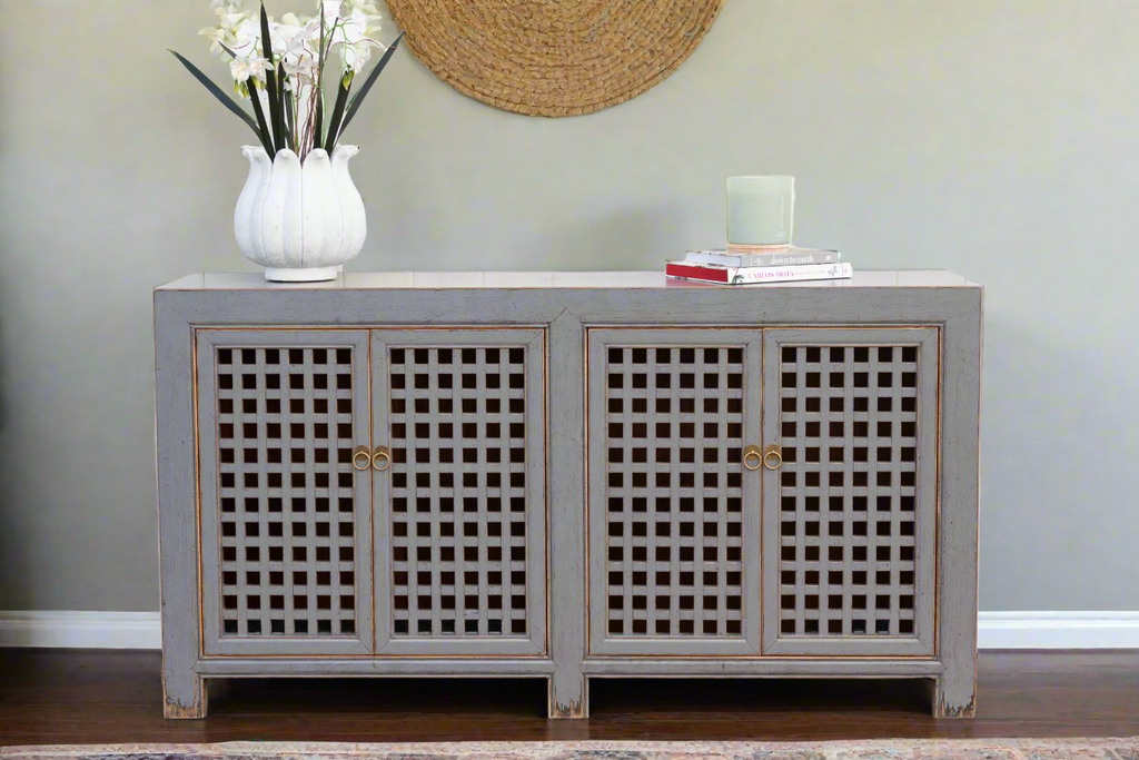 Long Painted Silver Gray Lattice Credenza