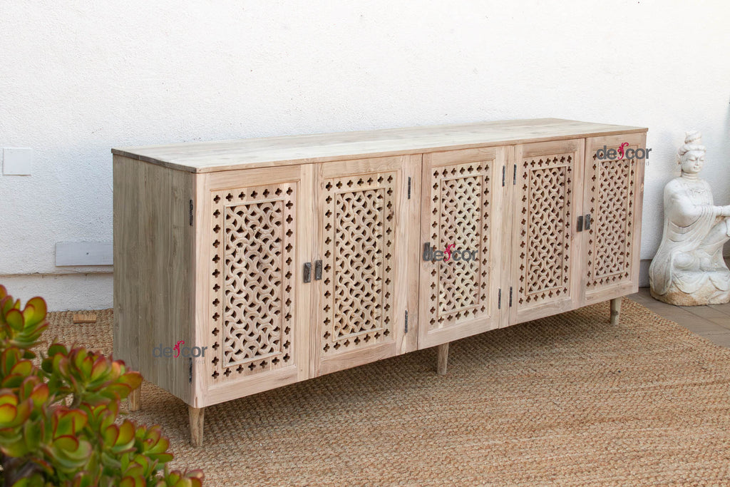 Sunbleached Wood Geometric Jali 5-Door Sideboard