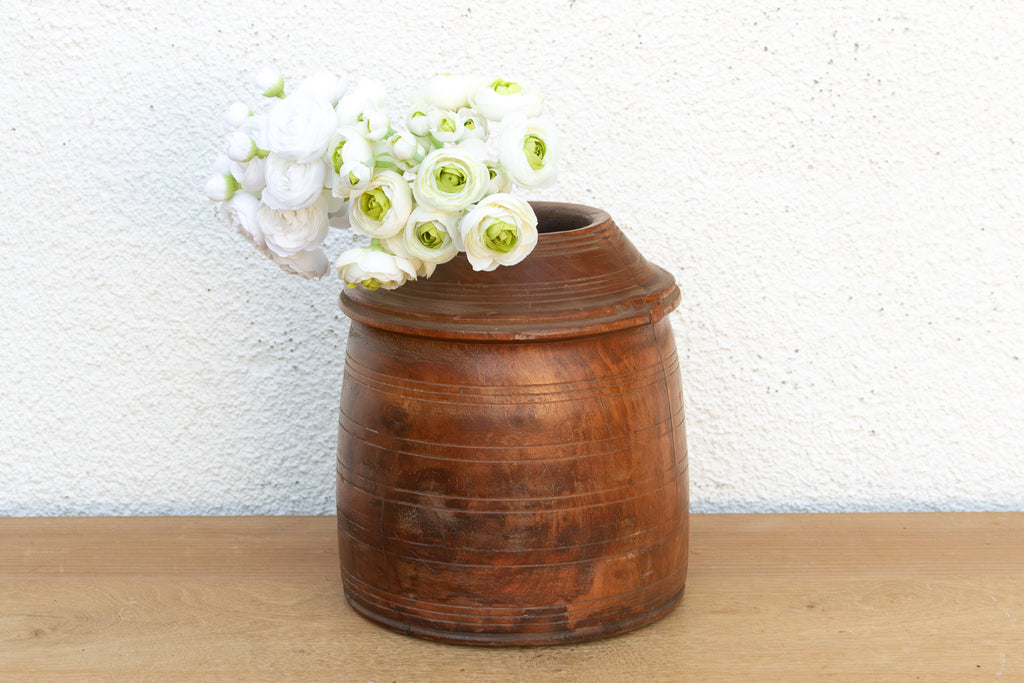 Antique Ribbed Wood Indus Grain Vessel