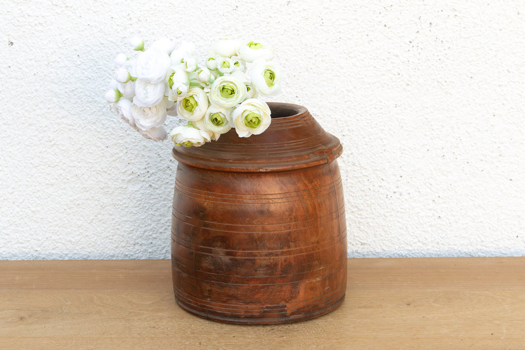 Antique Ribbed Wood Indus Grain Vessel