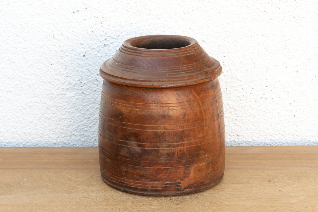 Antique Ribbed Wood Indus Grain Vessel