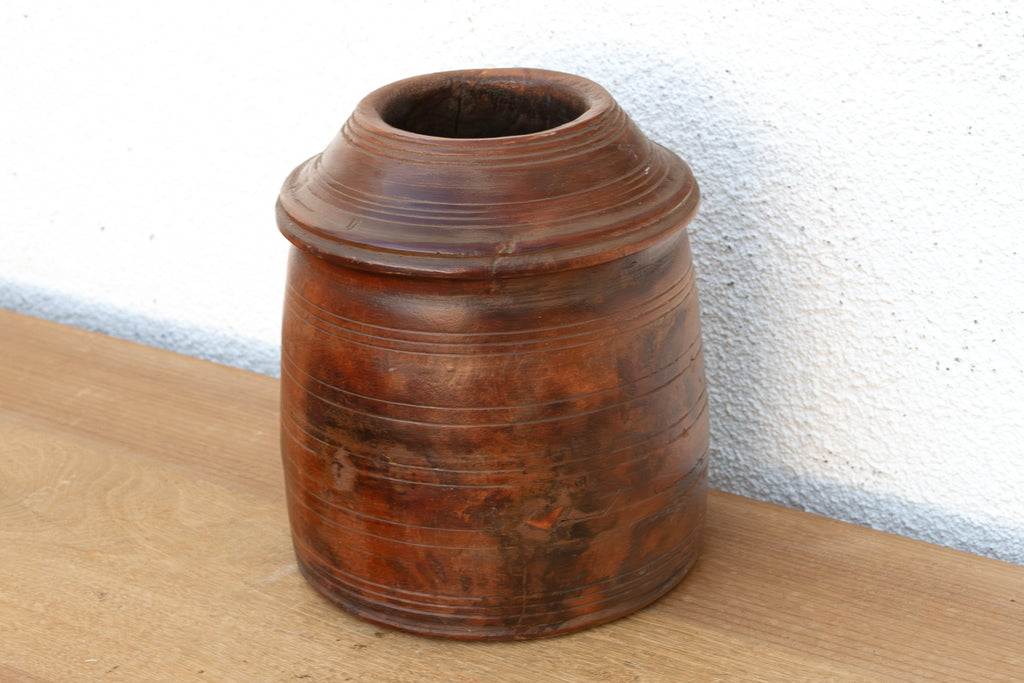 Antique Ribbed Wood Indus Grain Vessel