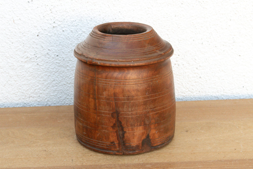 Antique Ribbed Wood Indus Grain Vessel