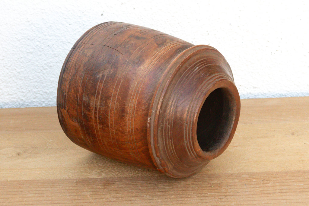Antique Ribbed Wood Indus Grain Vessel