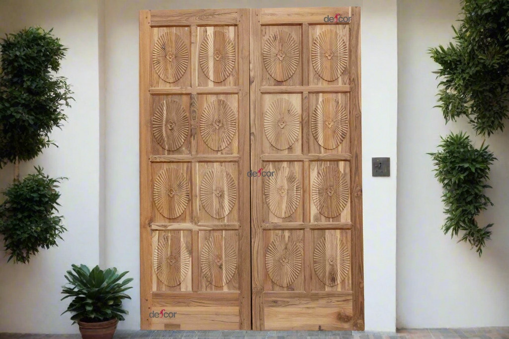 Pair of Teak Sunburst Indo-Portuguese Doors