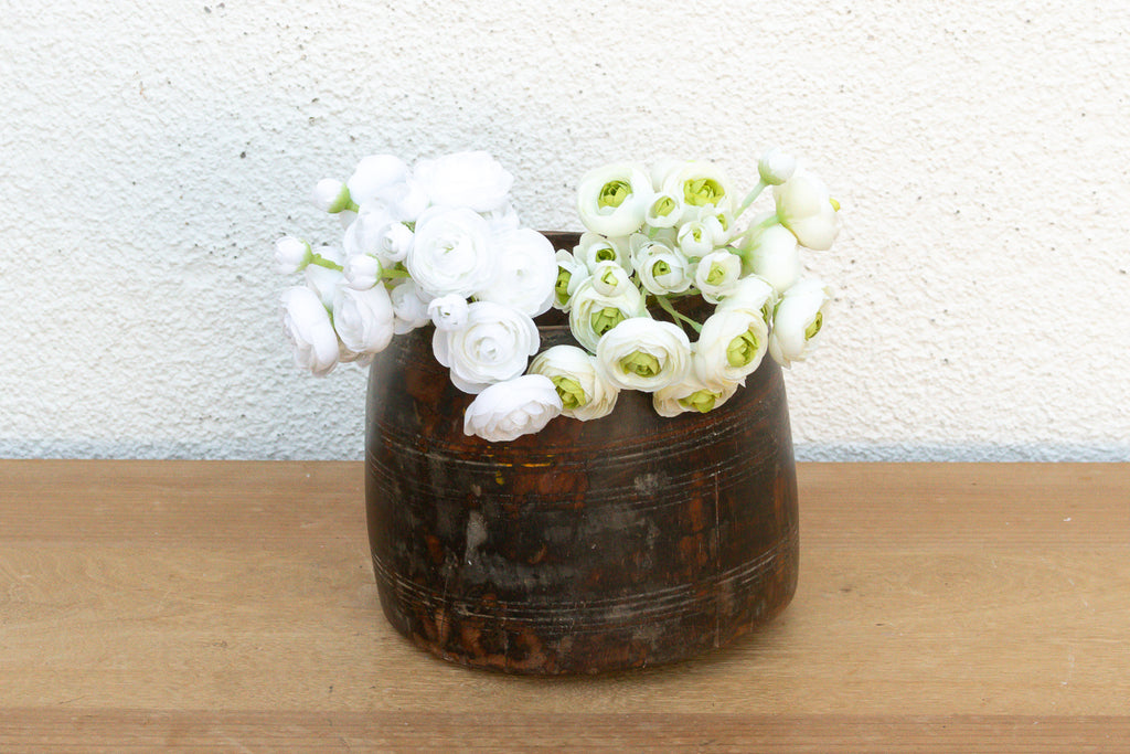 Antique Dark Stained Teak Grain Pot (Trade)