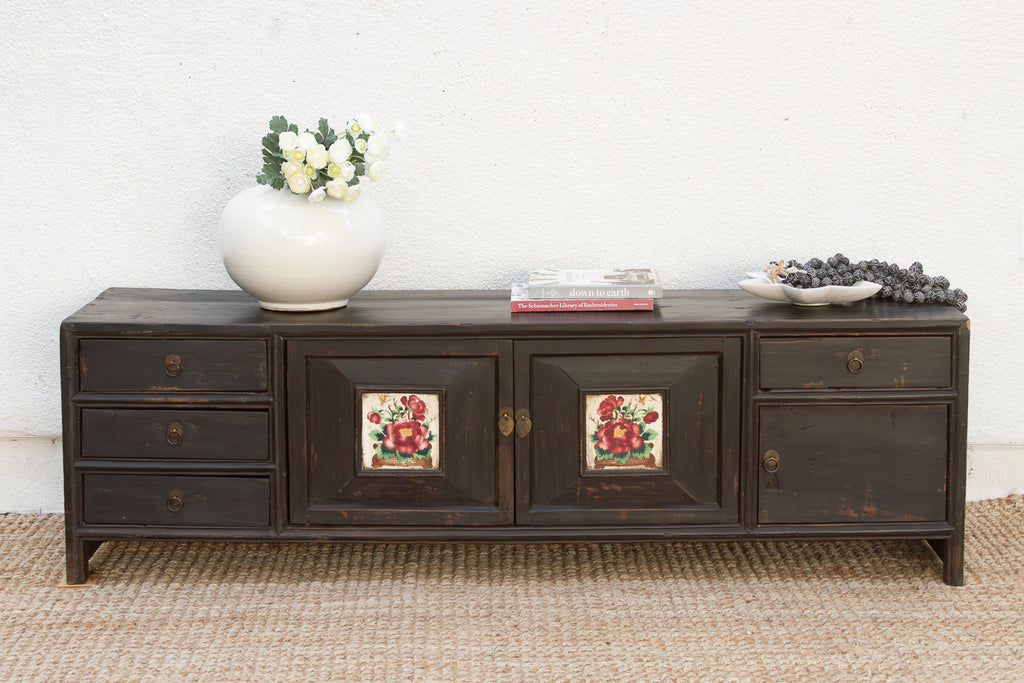 The Floral Archivist, Antique Painted Chinese Kang Cabinet