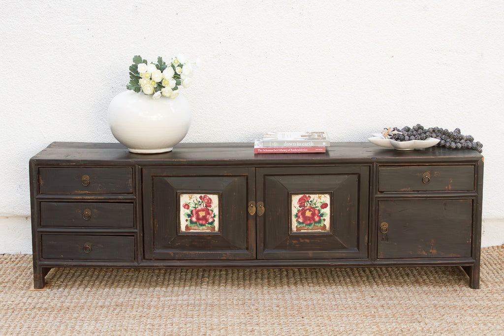 The Floral Archivist, Antique Painted Chinese Kang Cabinet