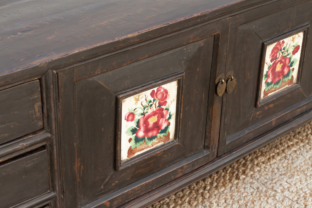 The Floral Archivist, Antique Painted Chinese Kang Cabinet