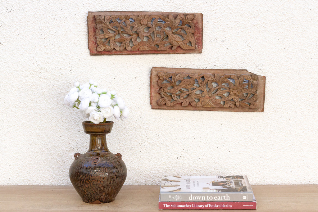 Antique Set of 2 Floral Carved Panels