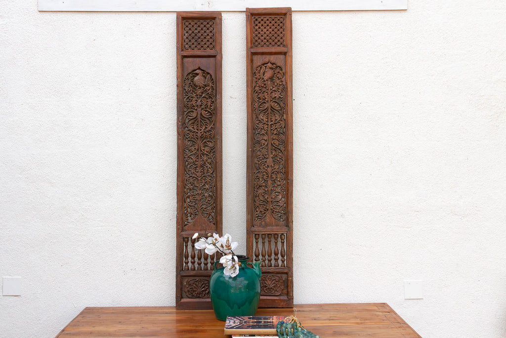 Pair of Tall Handcarved Antique Peacock Panels