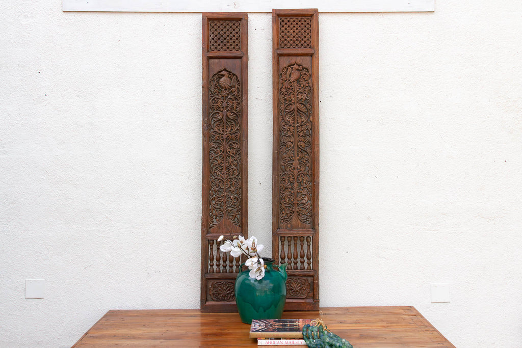 Pair of Tall Handcarved Antique Peacock Panels