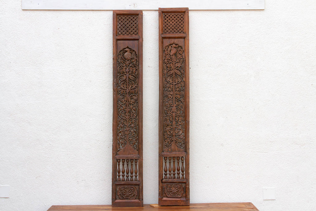 Pair of Tall Handcarved Antique Peacock Panels