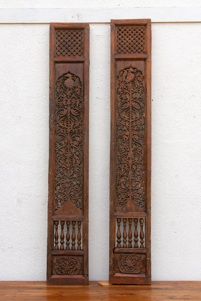 Pair of Tall Handcarved Antique Peacock Panels