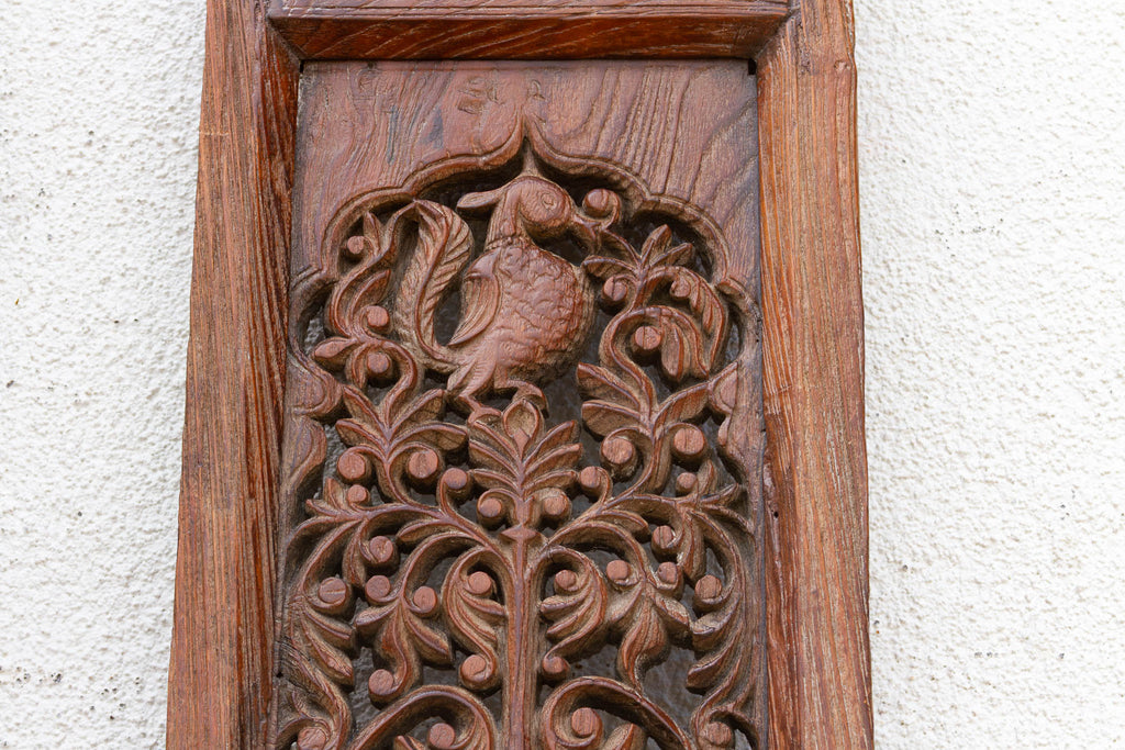 Pair of Tall Handcarved Antique Peacock Panels