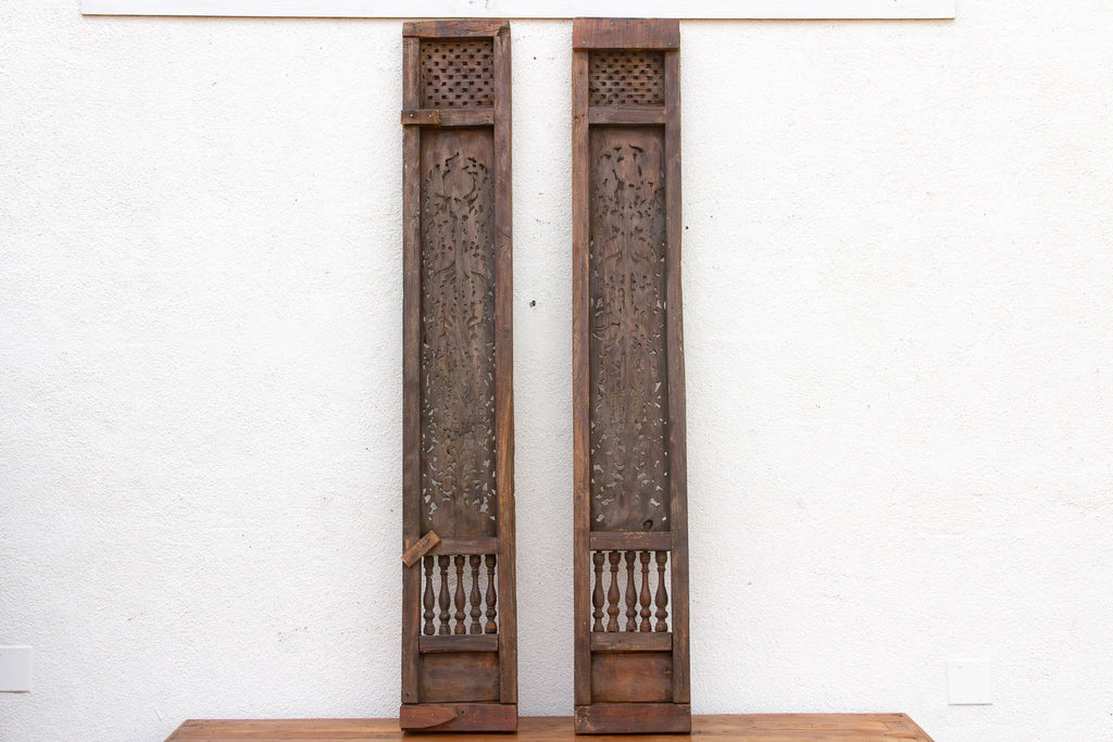 Pair of Tall Handcarved Antique Peacock Panels