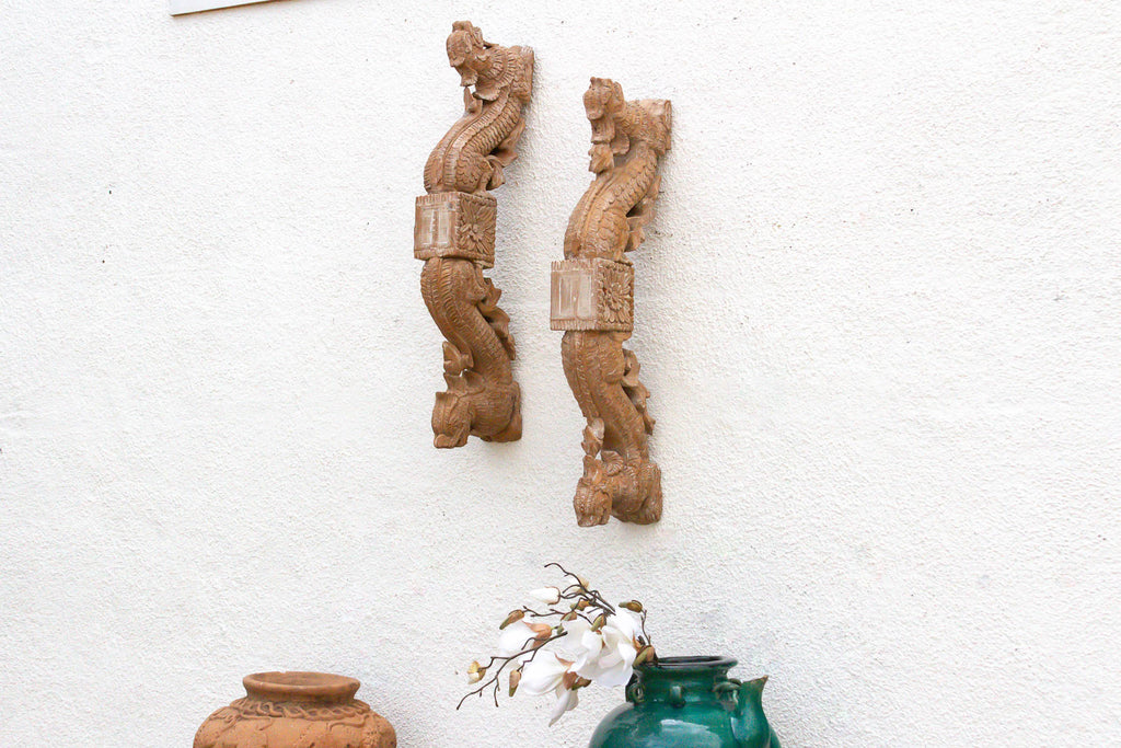 Naga Guardians Pair of Finely Carved Dragon Brackets