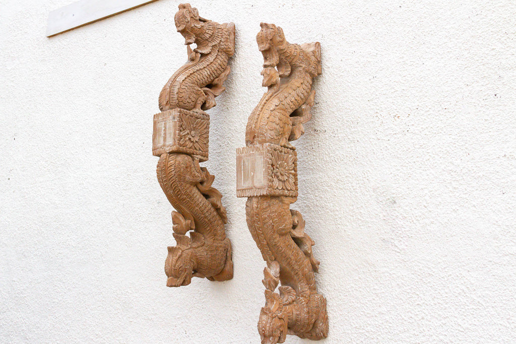 Naga Guardians Pair of Finely Carved Dragon Brackets