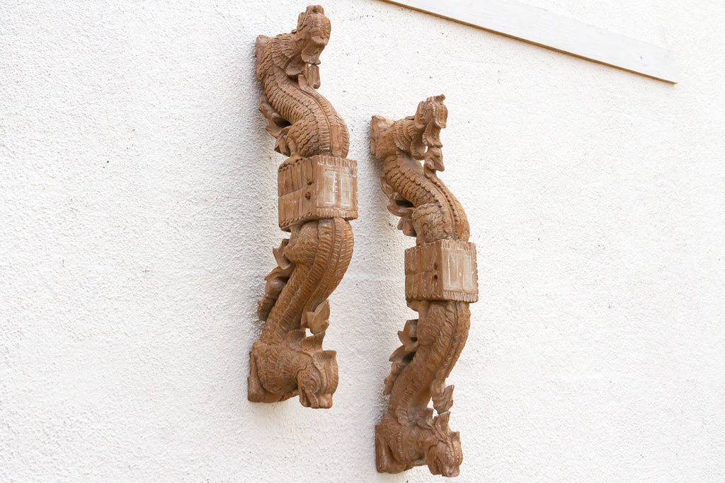 Naga Guardians Pair of Finely Carved Dragon Brackets
