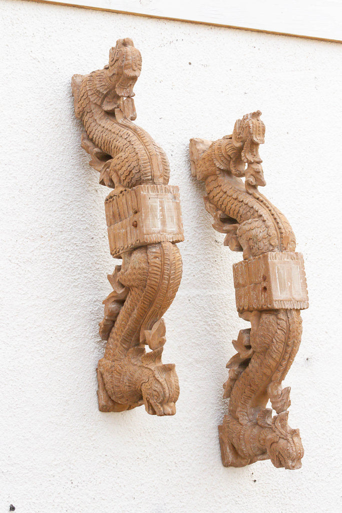Naga Guardians Pair of Finely Carved Dragon Brackets