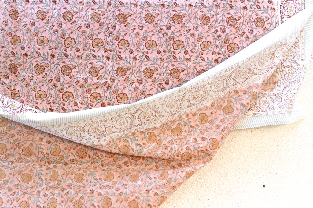 Coral Mist, Hand Blockprint Cotton Coverlet
