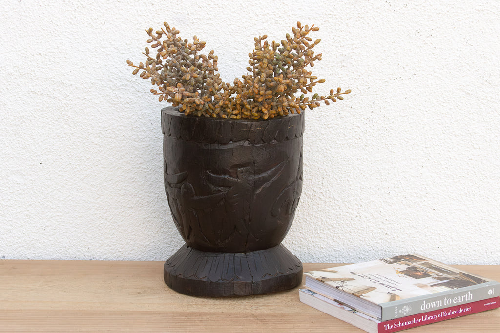 Antique Indian Ukhali Carved Wood Pot