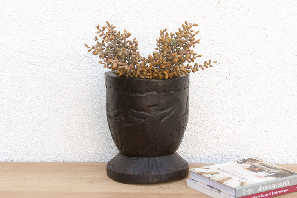 Antique Indian Ukhali Carved Wood Pot